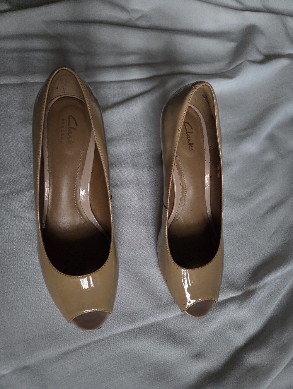Clarks Beige Patent Peep-Toe Pumps